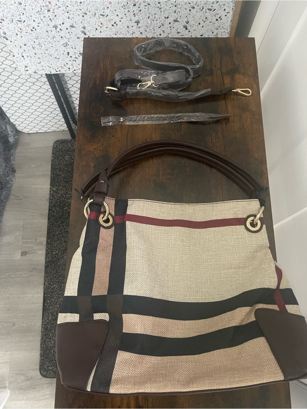 Canvas Stripe Shoulder Bag in Beige and Brown